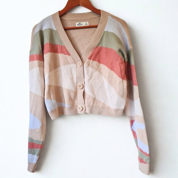 Hollister Women Cardigan V Neck Knit Fabric Cropped Length Ribbed Trims Size M - Picture 1 of 10